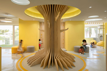 Желтые школьные интерьеры вокруг деревянного дерева школы Икигай Сису